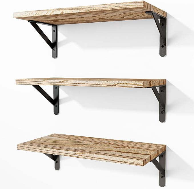Fixwal Floating Shelves for Wall, Wood Wall Mounted Shelves for Bedroom, Bathroom, Living Room, Kitchen Storage and Decor(Rustic Brown, Set of 3, 16.5 Inch) by Fixwal