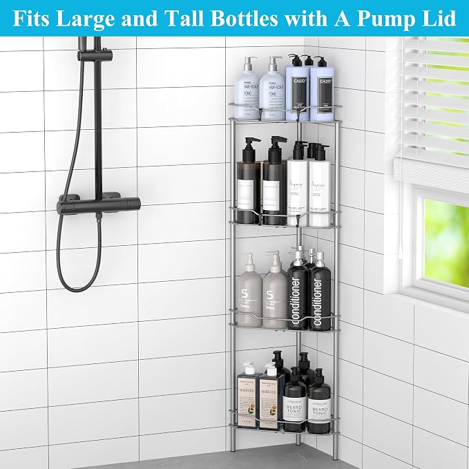 HuggieGems 4 Tier Floor Standing Corner Shower Caddy Organizer Shelf with Hooks, Bathroom Shelves Stand Rack, Gray - Image 4