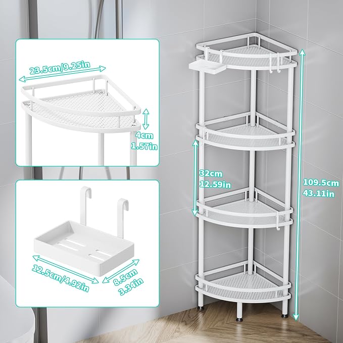 HapiRm Standing Corner Shower Caddy - 4 Tier Shower Organizer Corner with Soap Holder and 4 Hooks, Rustproof Bathroom Storage Shelves with Adhesives, White - Image 2