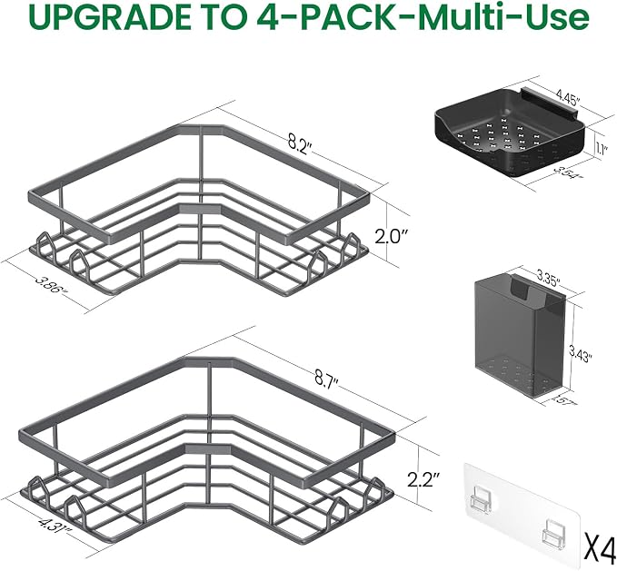 Adhesive Shower Caddy, 4 Pack Corner Bath Organizer, Rustproof Stainless Steel Shower Shelves with Large Capacity, No Drilling Shelves for Bathroom Storage, Home, Kitchen Decor (Dark Grey). - Image 2