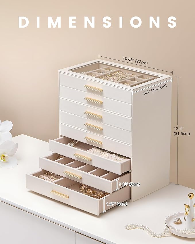 Lolalet Jewelry Box Organizer, 8-Layer Jewelry Organizers and Storage Case with Glass Lid, Ring Earring Bracelet Necklace Holder Organizer, Birthday Valentine Gifts for Women Girls -8Layer, Beige - Image 3