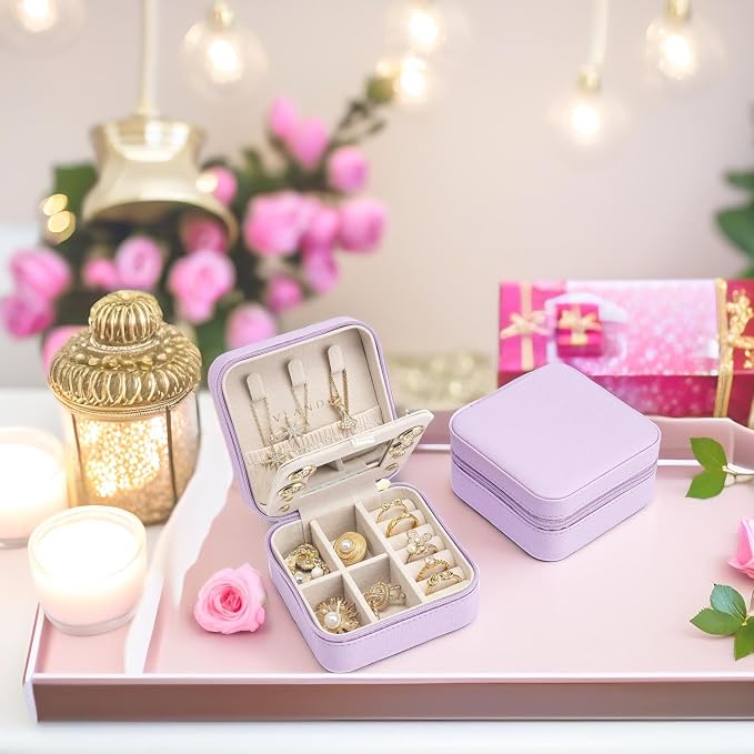 Vlando Small Travel Jewelry Box Organizer - Mirrored Carry-on Jewelries Necklaces Rings Earrings Necklace Storage Case, Purple - Image 7