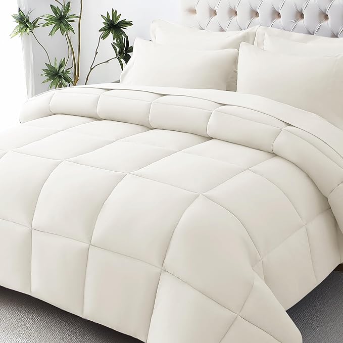 JOLLYVOGUE Twin Comforter Set, Ultra-Soft Bed in a Bag Twin Size 5 Pieces, Oeko-TEX Certified Bedding Set with Down Alternative Comforter, Sheets, Pillowcases & Shams, Ivory