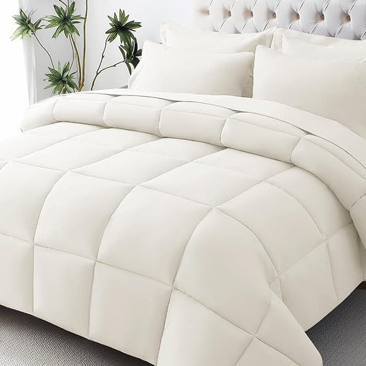 JOLLYVOGUE Full Comforter Set, Ultra-Soft Bed in a Bag Full Size 7 Pieces, Oeko-TEX Certified Bedding Set with Down Alternative Comforter, Sheets, Pillowcases & Shams, Ivory