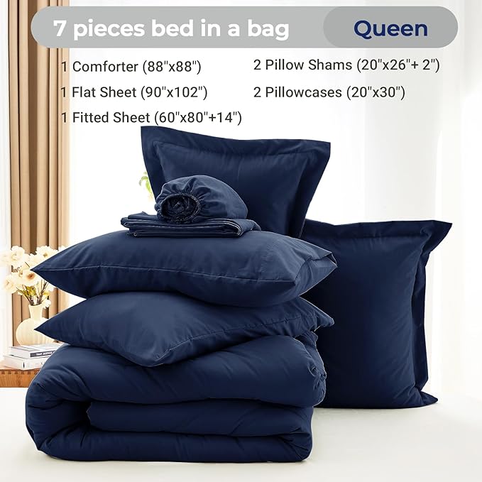 MUXHOMO 7 Pieces Queen Comforter Set, Soft Bed in a Bag Queen Size, All Season Bedding Set with Comforter, Flat Sheet, Fitted Sheet, Pillowcases & Shams, Navy Blue