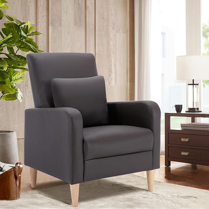 COLAMY Modern Upholstered Accent Chair Armchair with Pillow, PU Leather Reading Living Room Side Chair,Single Sofa with Wood Legs, Brown