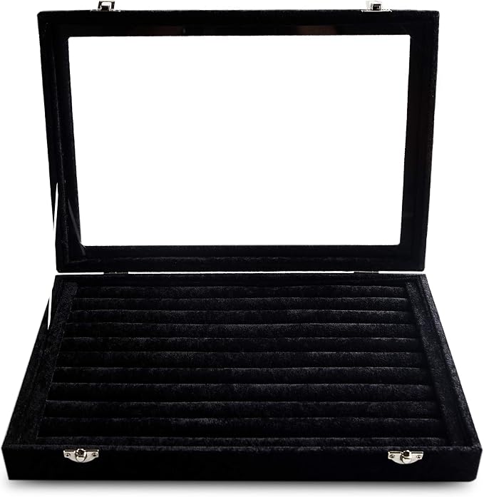 Frebeauty Rings/Earrings Organizer Tray with Clear Lid 10 Slots Velvet Drawer Insert Jewelry Storage box with Transparent Glass lid Jewelry Display Case Showcase Gift for Girls Women (Black, 10 Slots) - Image 4