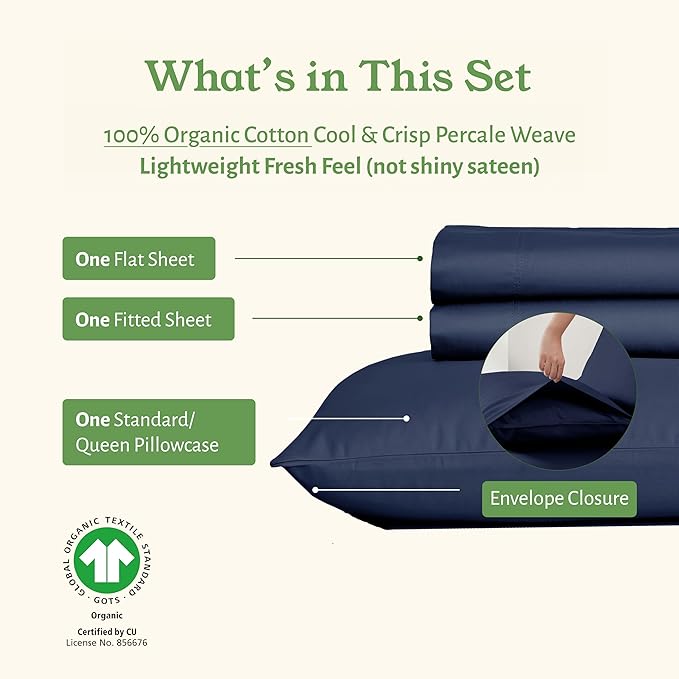 California Design Den Twin Bed Sheet Set - Soft 100% Organic Cotton Sheets with Deep Pockets, Crisp Percale, Breathable and Durable Bedding Set - Navy Blue