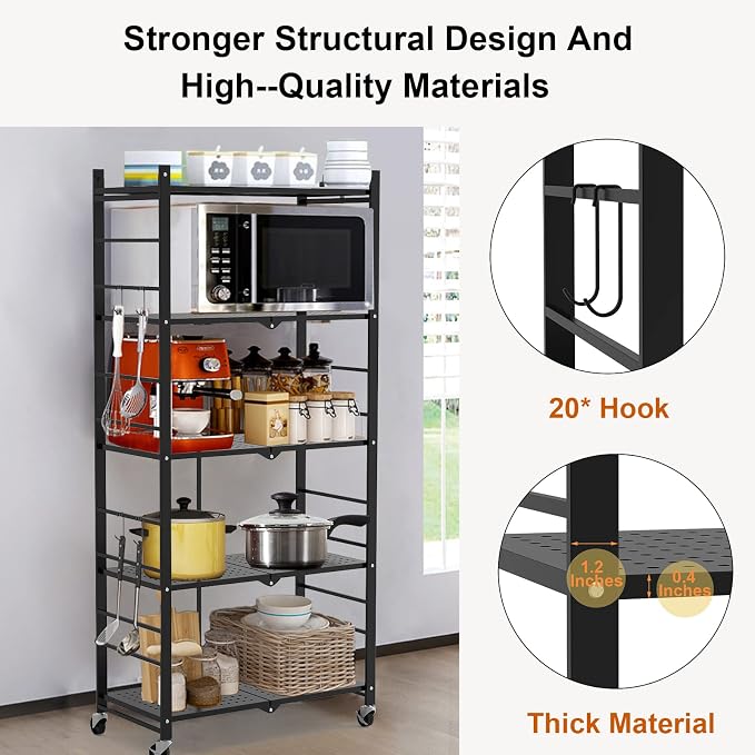 Himix Storage Shelves with 20 Hooks, 5-Tier Collapsible Organization Storage Rack Bookshelf Folding Pantry Shelves Cube Shelf Wire Shelving Holds 440 Ibs for Garage Kitchen Room, Black - Image 5