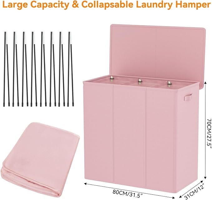 WOWLIVE 180L Laundry Hamper with Lid 3 Section,Large Laundry Basket with Removable Bags and Handles,Collapsible Dirty Clothes Hampers for Laundry,Laundry Basket Organizer for Laundry Room,Dorm,Pink - Image 2