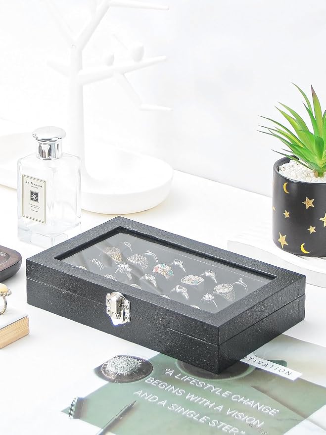 Ring Holder Organizer Box,Jewelry Ring Display Case, Earring Necklace Storage Tray With Top Glass Lid (Black, 30 Slots Ring) - Image 3
