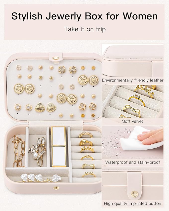 VLANDO Travel Jewelry Case, PU Leather Travel Jewelry Box with Earring Holder, Portable Display Small Jewelry Box for Mothers Day Women Girls Gift - Pink - Image 5
