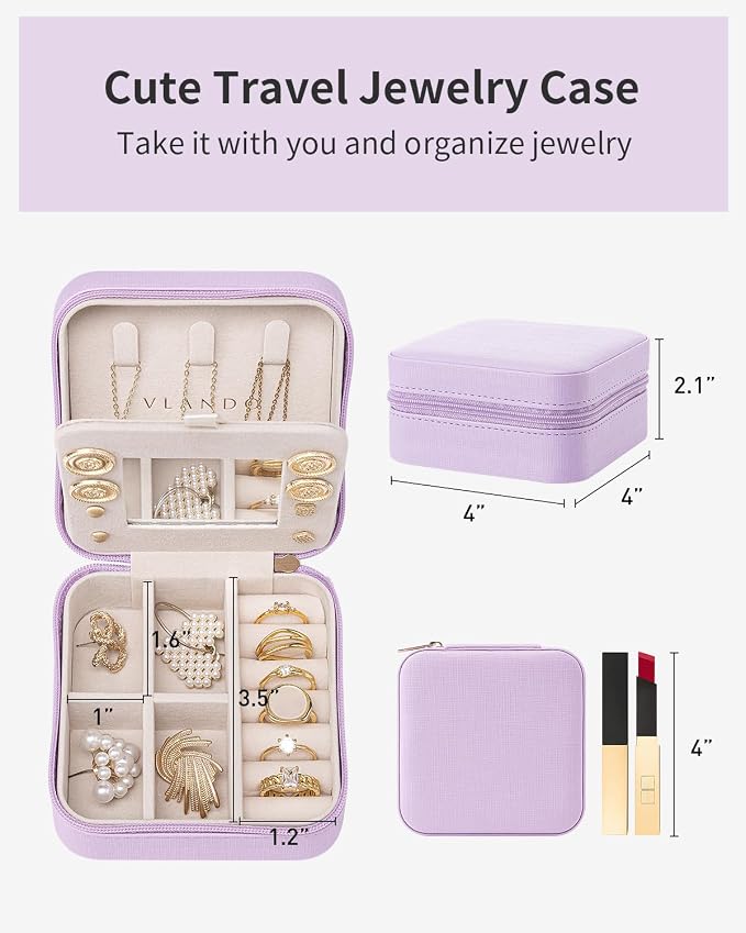 VLANDO Small Travel Jewelry Box Organizer - Girls Women Gift Rings Earrings Necklaces Jewelry Storage Display Case with Mirror Purple - Image 5