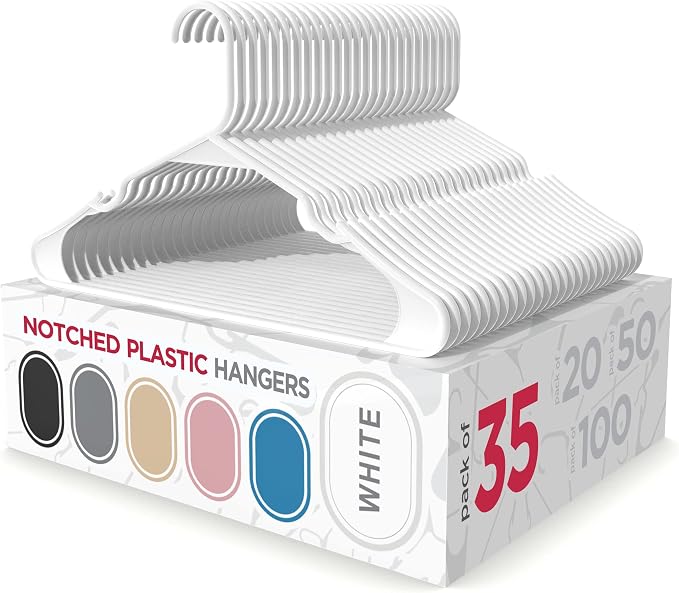 Sharpty Plastic Clothes Hangers – Notched Hangers for Clothes – Space Saving Adult Hangers for Shirts, Dresses, Coats & Pants – Lightweight Closet Organization (35 Pack, White) by Sharpty