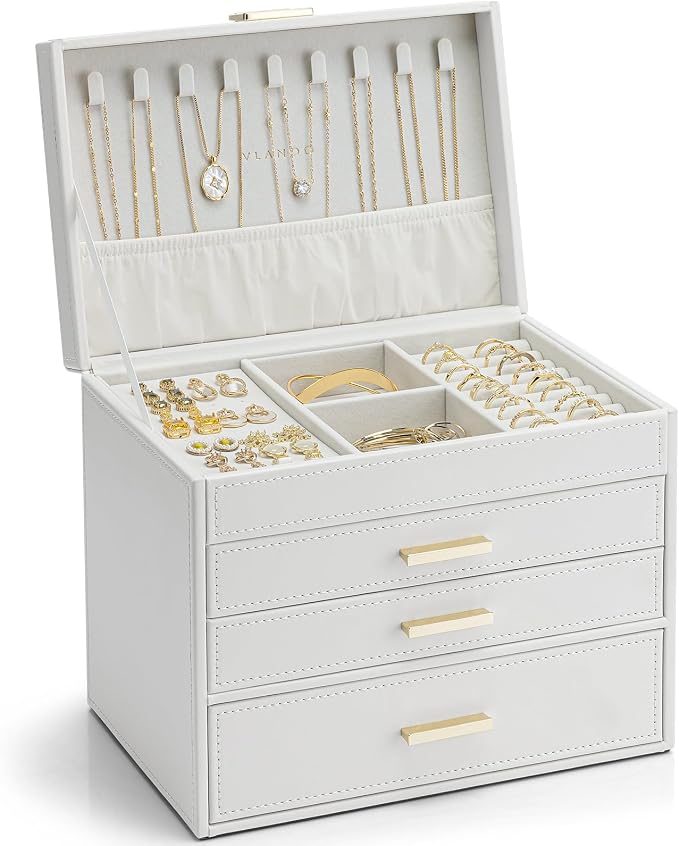 VLANDO 4 Layer Large Jewelry Box - Jewelry Holder Organizer, Jewelry Box Organizer for Drawer Necklace Ring Bracelet and Watch, Birthday Gift for Loved Ones - White by VLANDO