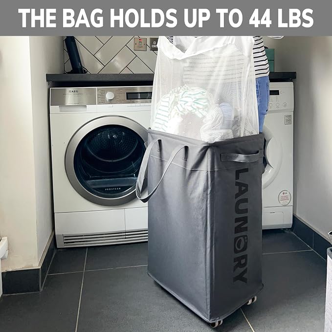 Goodpick Hamper with Wheels, 2-Pack 75L Foldable Laundry Baskets with Removable Wash Bags, Dirty Laundry Basket for Corner Dorm,Grey - Image 6