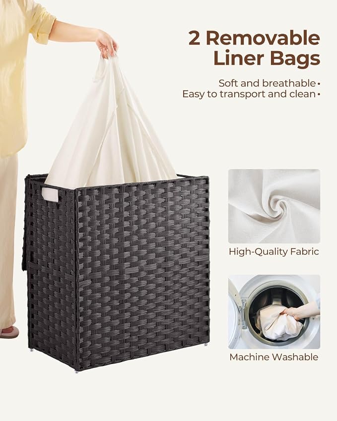 Greenstell Laundry Hamper with lid, No Install Needed, 110L Wicker Laundry Baskets Foldable 2 Removable Liner Bags, 2 Section Clothes Hamper Handwoven Rattan Laundry Basket with Handle, Black - Image 4