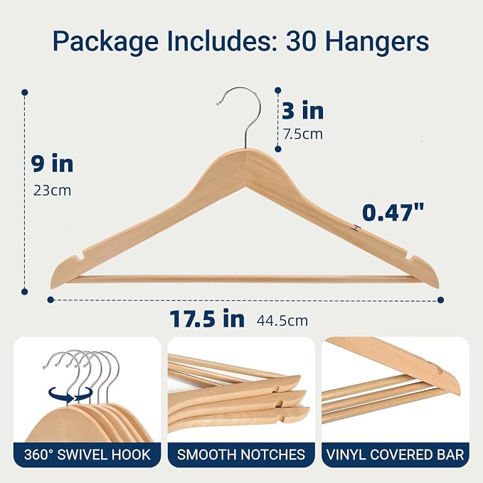 Amber Home 30 Pack Wooden Coat Hangers, Natural Wood Suit Hangers with Non-Slip Pant Bar, Clothes Hangers for Closet Organization, Shirts, Jackets, Dresses, and Pants (Natural, 30) - Image 2