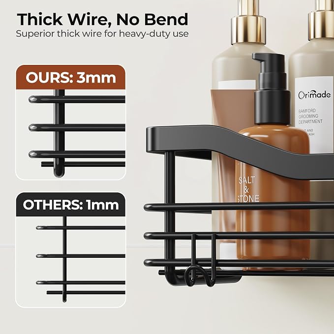 Orimade Shower Caddy Basket Shelf Storage Rack, No Drilling Wall Mounted Adhesive Rust Resistant Stainless Steel Shower Organizer with 5 Hooks for Bathroom, Black 2 Pack - Image 3