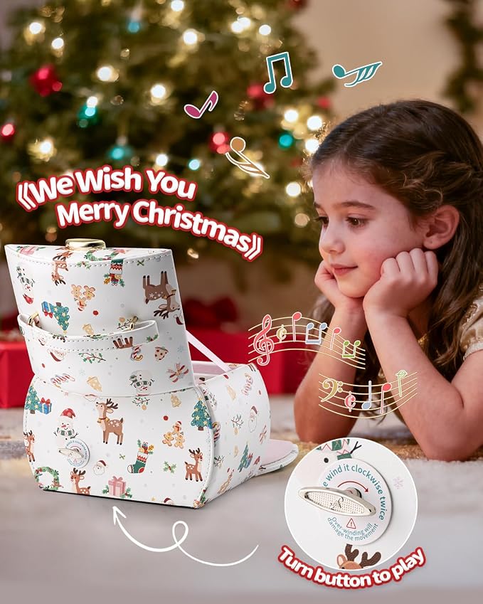 Vlando Kids Musical Jewelry Box for Girls with Drawer, Music Box with Ballerina and Stickers for Birthday Bedroom Decor, Christmas Gifts for Girls Kids - Christmas White - Image 4