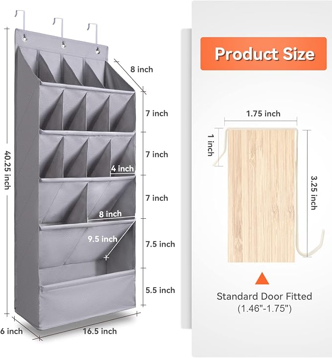 FENTEC 1 Pack Over-the-Door-Shoe-Organizers,Hanging Organizers with Large Pocket Shoe Holder Hanging Shoe Rack for Closet Shoe Organizer for Wall, Over Door Organizer with 15 Pockets Gray - Image 6