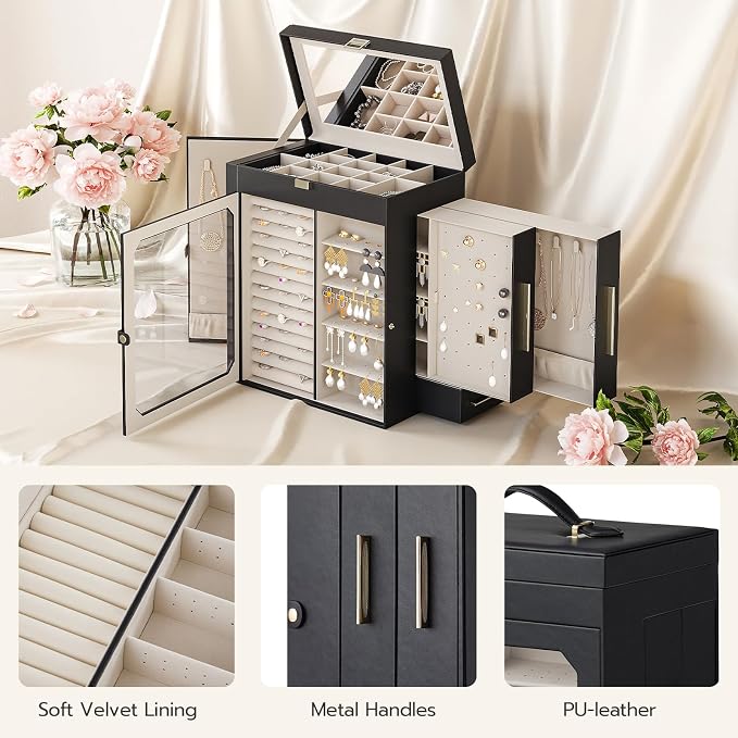 HOOBRO Jewelry Box with Mirror, Travel Jewelry Organizer with Glass Window, Jewelry Storage Case, Vertical Storage, Gift for Loved Ones, for Earrings, Rings, Necklaces, Bracelets, Black BK03JB04G2 - Image 8