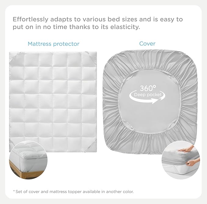 KUB Mattress Topper&Cooling Mattress Protector Bed Fitted Sheet Set, Deep Pocket&4 Elastic Bands, Triple Anti-Slip, Back Pain Relief, Breathable Soft 2 inch Mattress Pad Cover (White, Twin)