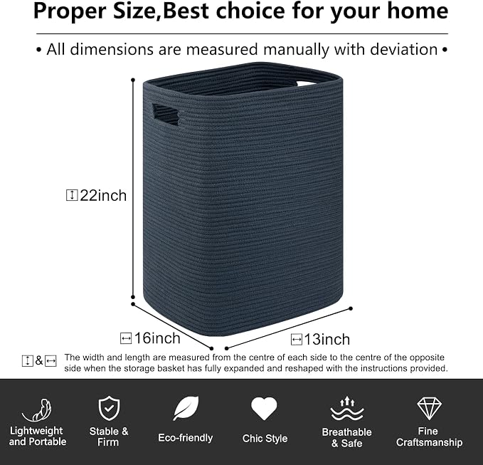 OIAHOMY Laundry Hamper, Laundry Basket，Rectangle Cotton Large Blanket Storage Basket for Living room,Bedroom Woven Decorative Storage for Toys,Clothes,Pillows-16x13x22in-Blue - Image 3