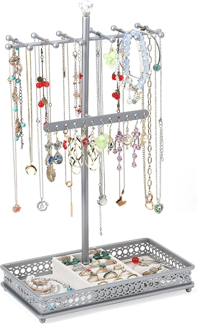 Meangood Jewelry Organizer Stand, 15.6" H Jewelry Tree Display Holder Stand for Bracelets Necklaces Earrings Rings, Gift for Women Girls (Silver) - Image 5