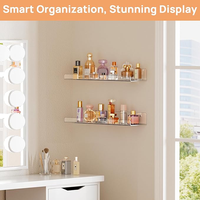 upsimples Acrylic Shelves for Bathroom Storage, 15" Floating Shelves Wall Organizer for Perfume, Make up, Skincare, Kids Bookshelf for Bedroom, Nursery, Living Room Decor, Clear, 2 Pack - Image 5