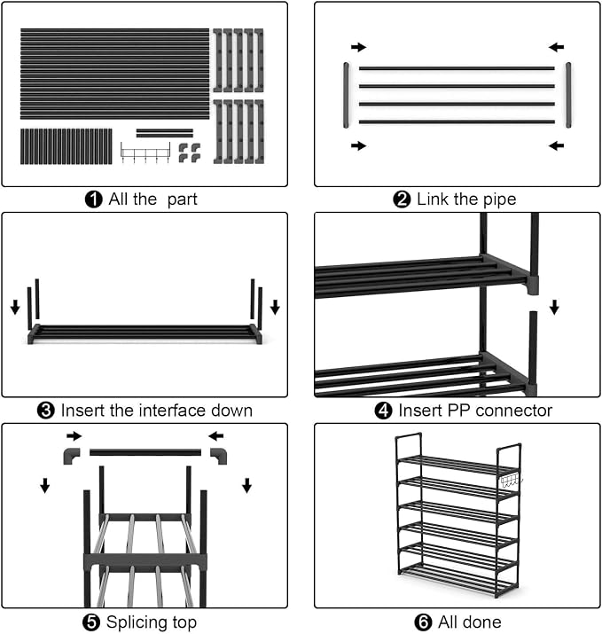 Hsscblet 6 Tiers Metal Shoe Rack,Adjustable Shoe Shelf Storage Organizer with Hooks,Stackable Boot & Shoe Storage,for Entryway,Hallway,Closet,Black - Image 7