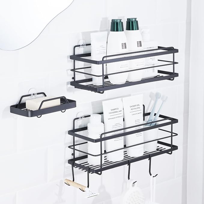 KINCMAX Premium Shower Caddy with Soap Holder, 2-Pack Adhesive Shower Organizer, No Drill Bathroom Shelves, Rustproof Stainless Steel Shelves for Inside, Shower Storage Rack, Matte Black by KINCMAX