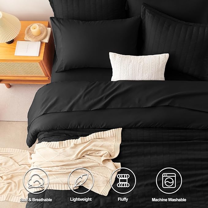 CozyLux Twin XL Comforter Set with Sheets Seersucker Black 5 Pieces Bed in a Bag, Twin Extra Long Luxury Soft Bedding Sets for College Dorm with Down Alternative Comforter, Sheets, Pillowcase & Sham