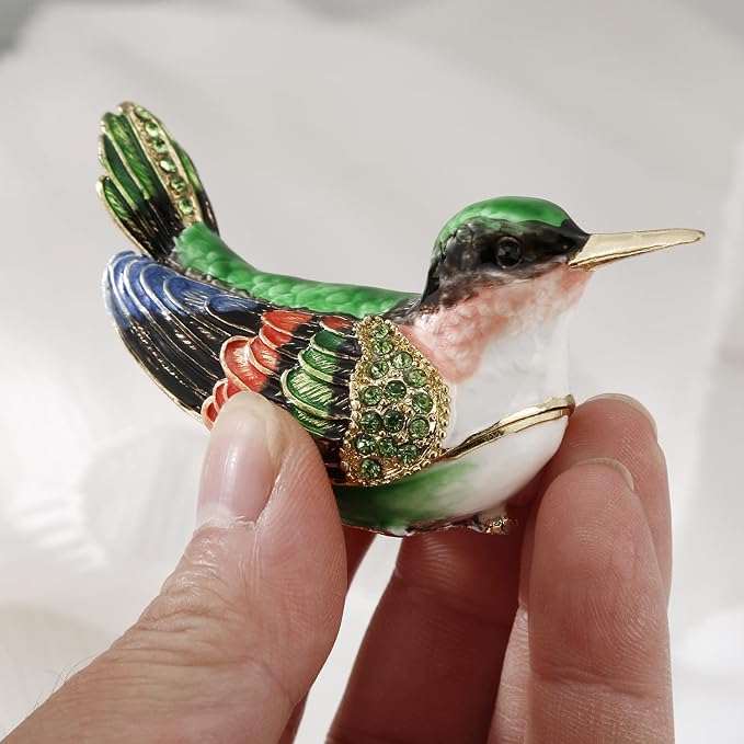 Hand Painted Enamel Hummingbird Trinket Box for Home Decor, Hinged Jewelry Organizer for Ring Earrings, Unique Figurine Keepsake Collectible Personalized Handmade Ornament Gifts (Green Hummingbird-2) - Image 5
