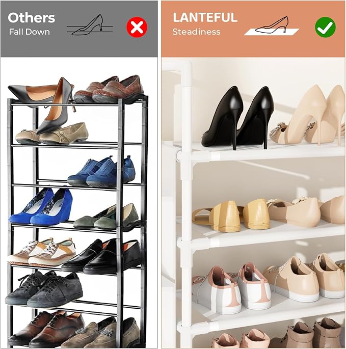 LANTEFUL 6 Tier Shoe Rack Storage for 24-30 Pairs Shoe and Boot, Shoe Organizer with Hook and Side Pocket Free Standing Long Shoe Shelf Tall Shoe Rack Organizer for Closet, Entryway, Dorm, White - Image 6