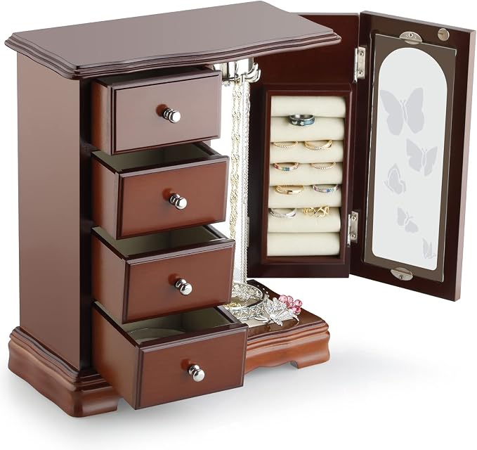 RR ROUND RICH DESIGN Jewelry Box - Made of Solid Wood with 4 Drawers Organizer and Built-in Necklace Carousel and Large Mirror Brown - Image 3