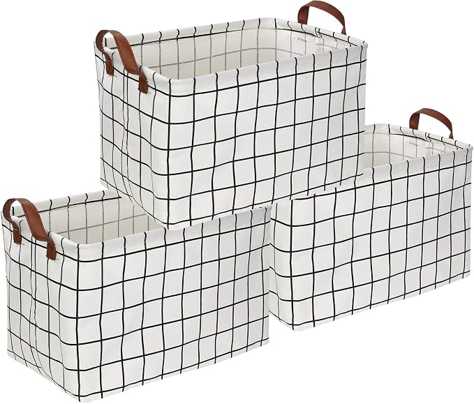 CLOCOR Rectangular Storage Basket, Collapsible Cute Pattern Storage Bin, Waterproof Coating Storage Box with Handles for Home Organization, Gift Basket (3 pack White checks) by CLOCOR