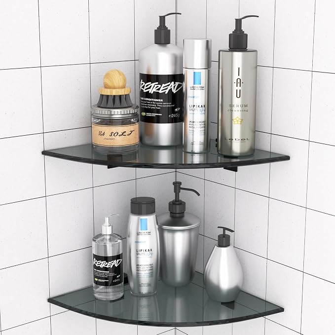 Bakzon 2-Pack Glass Shelf Shower Caddie, Shower Shelves for Inside Shower, Drilling Free Adhesive Wall Mounted Bathroom Organizer Shelves with Aluminium Brackets, Black - Image 9