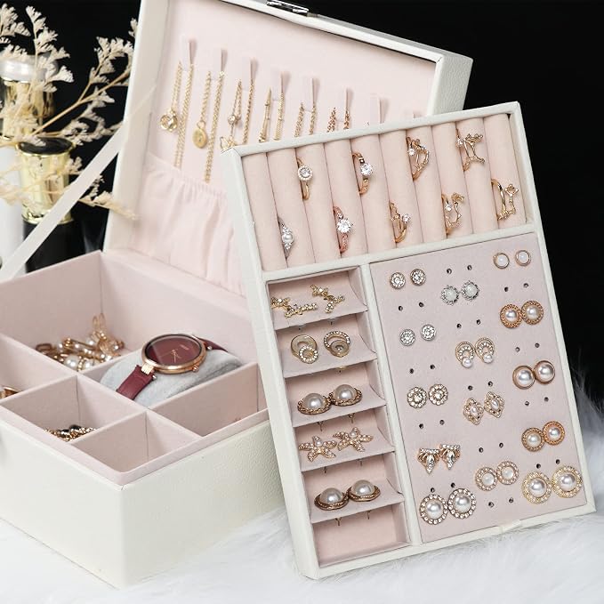 Jewelry Box for Women Girls, 2 Layers Jewelry Organizer Container with Lock, PU Leather Storage Case with Removable Tray, Jewelry Display Box for Necklaces Earrings Bracelets Rings Watches - White - Image 6
