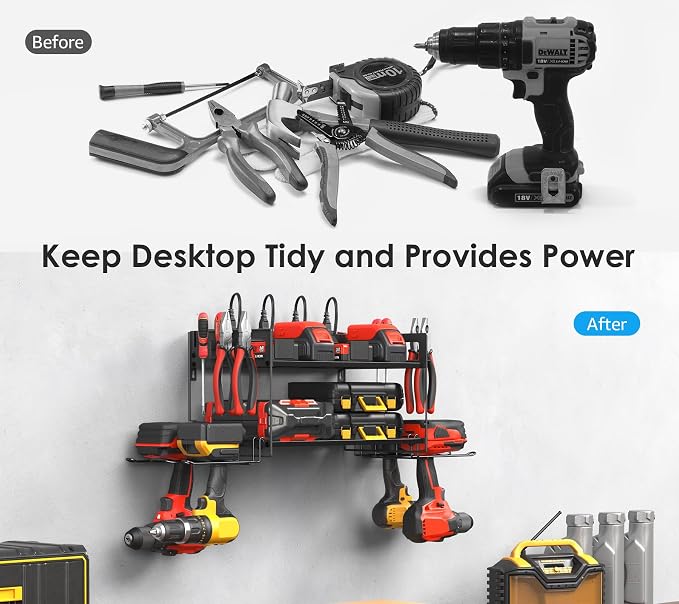 CCCEI Garage Tools Storage with Charging Station. Power Tool Battery Organizer Utility Shelf with Power Strip. 4 Drills Holder Wall Mount Rack, Black. - Image 7
