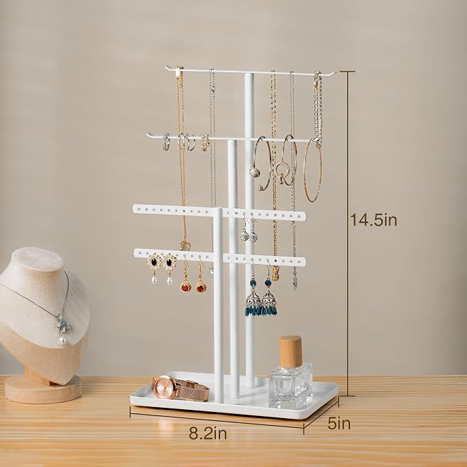 pickpiff Jewelry Stand Organizer, 14.5" Tall Sturdy Metal, 3-TierJewelry Holder for Necklace, Earring, Bracelet, Ring, Hanger for Display and Storage, Aesthetic Room Decor, White - Image 4