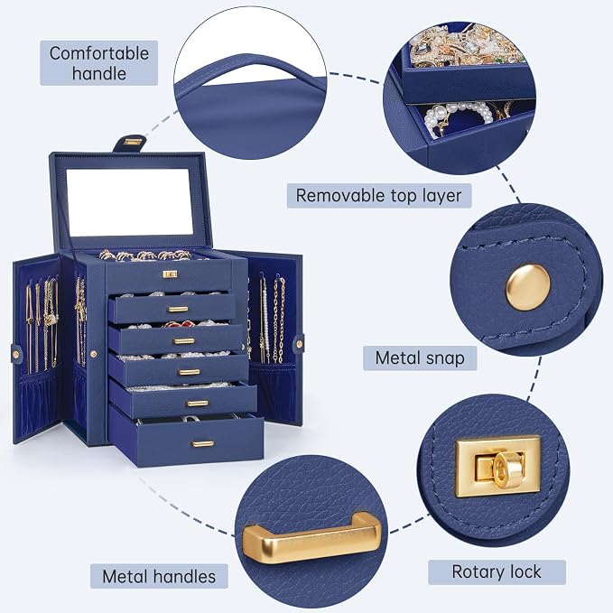 AKOZLIN 6-Tier Jewelry Box Organizer Functional 5 Drawers Leather Jewelry Storage Case for Women Girls Ring Necklace Earring Bracelet Holder Organizer with Mirror Blue - Image 2