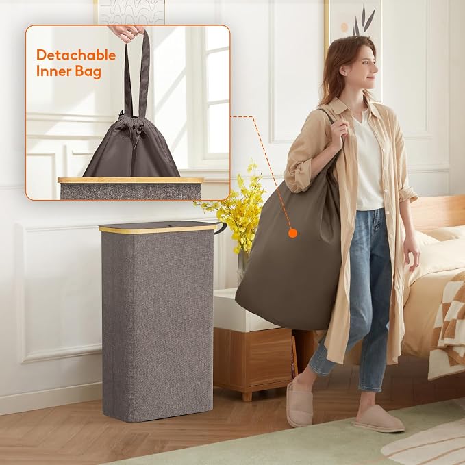Lifewit 65L Slim Laundry Hamper with Lid, Narrow Laundry Basket with Removable Bag & Bamboo Handles, Fodable Thin Dirty Clothes Hamper for Laundry Collapsible Bin for Bathroom Bedroom Dorm, Brown - Image 4