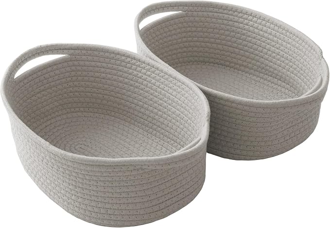 JMvicyroam Woven Basket,Small Rope Storage Bin with Handles & Ribbon Bag, Organizer for Shelves Closets,Gift Basket Empty for Birthday,Books,Dog Toys, Grey/2 Pack by JMvicyroam