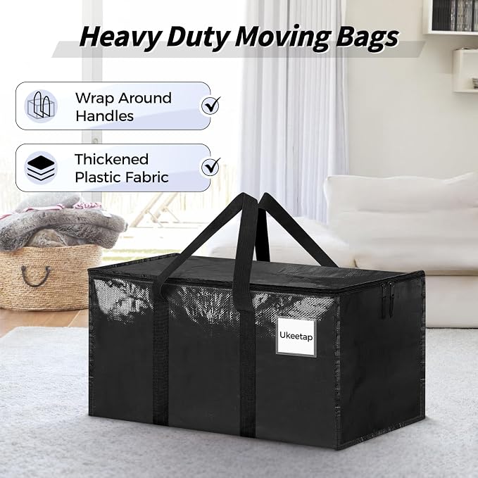 16 Pack Extra Large Heavy Duty Moving Bags, Black Storage Bins with Lids, Reinforced Handles & Heavy-Duty Zippers Moving Boxes Storage Bags Totes for Clothes Packing, Dorms, College Supplies, Black - Image 4