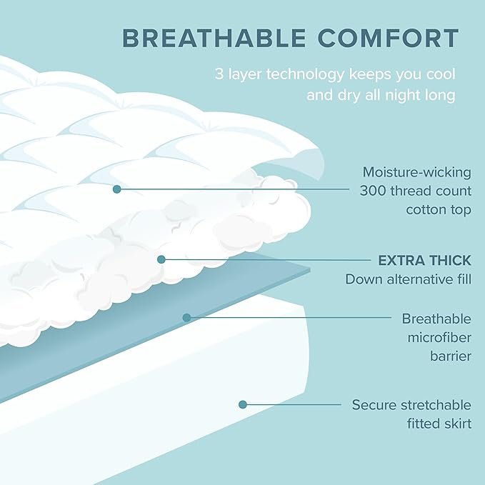 Bare Home Twin Size Mattress Cover with Breathable Cotton Top and Down Alternative Fill - Machine Washable