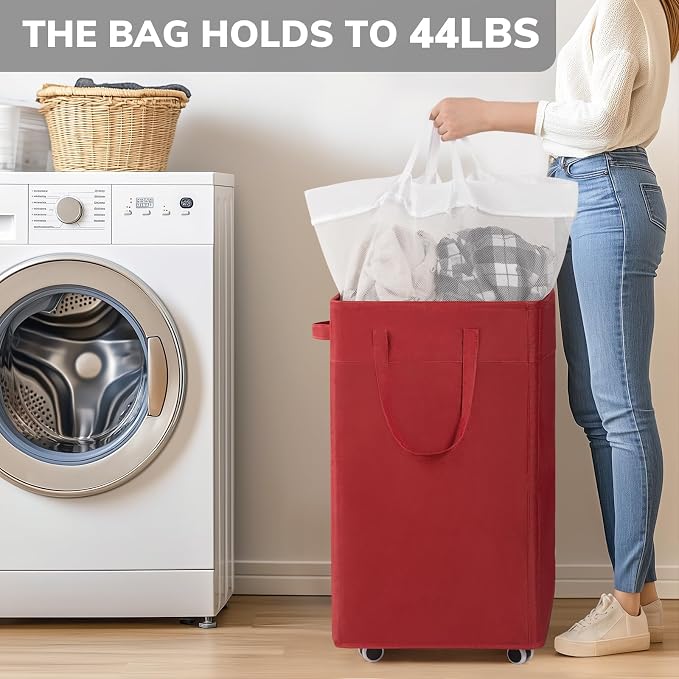 Goodpick Laundry Basket with Wheels,75L Large Roolling Laundry Basket with Removable Wash Bag, Clothes Hamper with Wheels for Laundry Room, Red - Image 6