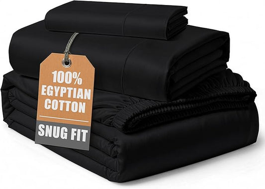 LANE LINEN 100% Egyptian Cotton Extra Long Twin Sheets, Long Staple Mercerized Cotton No Pill Fade Resistant Silky Sateen Weave for Soft & Comfy Good Night Sleep - Black