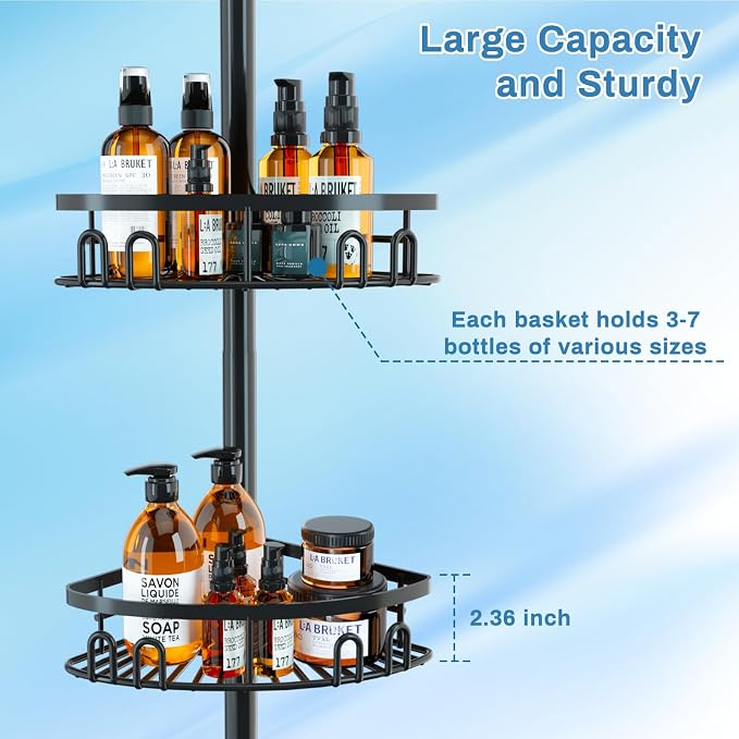 cutefafa Rustproof Corner Shower Caddy Tension Pole, 4 Large Baskets for Bathtub Shampoo Storage Organizer Bathroom Height Adjustable Shelves from 23.6 to 114.5 Inch with Towel Bar - Image 4
