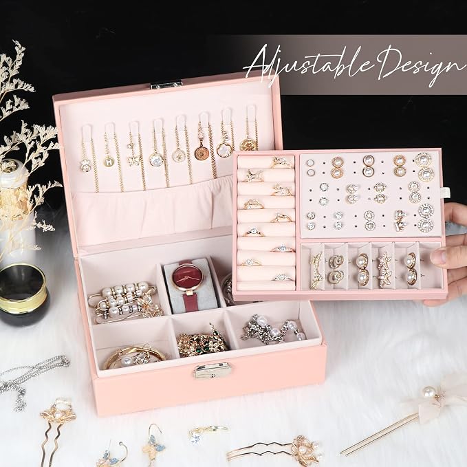 Jewelry Box for Women Girls, 2 Layers Jewelry Organizer Container with Lock, PU Leather Storage Case with Removable Tray, Jewelry Display Box for Necklaces Earrings Bracelets Rings Watches (Pink) - Image 5